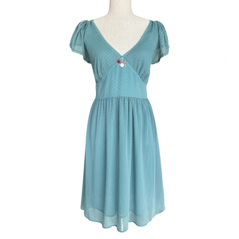 Nick and Mo V-Neck Empire Waist Cottage Core Peasant Midi Dress Sage Green Sz S